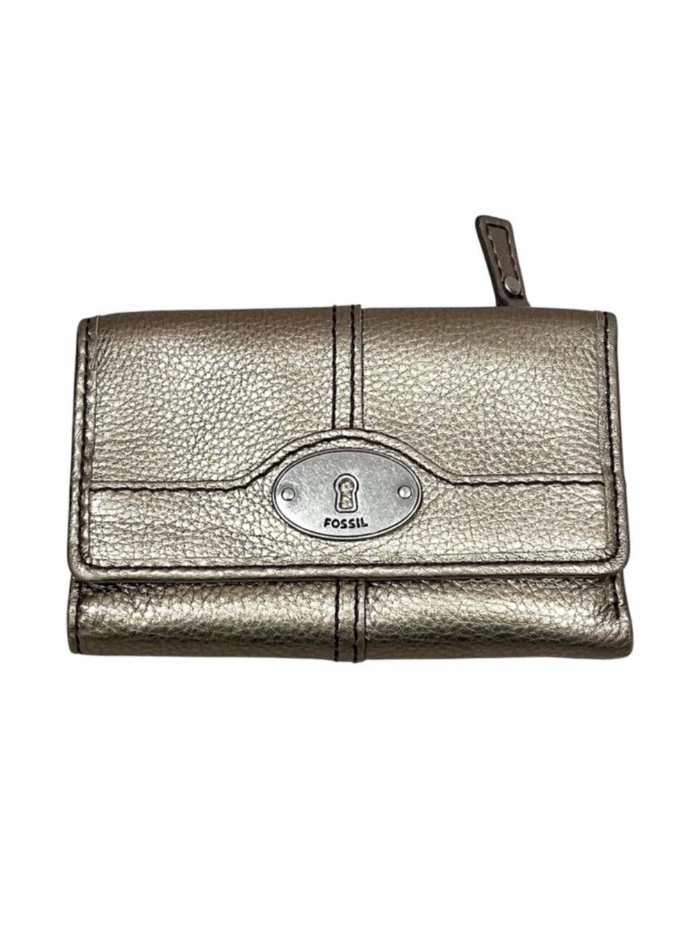 Fossil Golden Bronze Metallic Leather Keyhole Medium Trifold Maddox Wallet